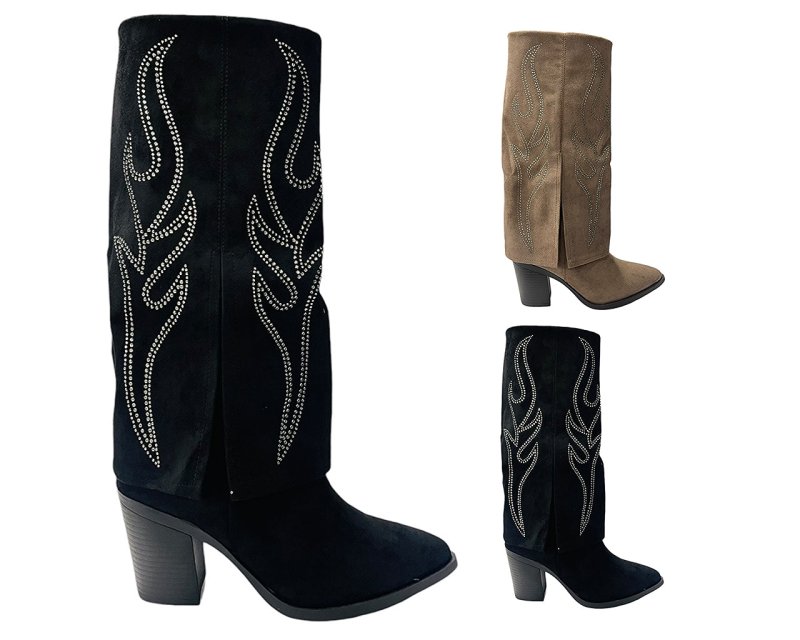 Rhinestone Calf High Fold Over Faux Suede Boots - Boots - British D'sire