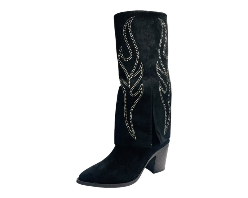 Rhinestone Calf High Fold Over Faux Suede Boots - Boots - British D'sire