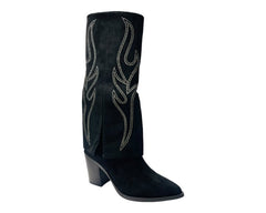 Rhinestone Calf High Fold Over Faux Suede Boots - Boots - British D'sire