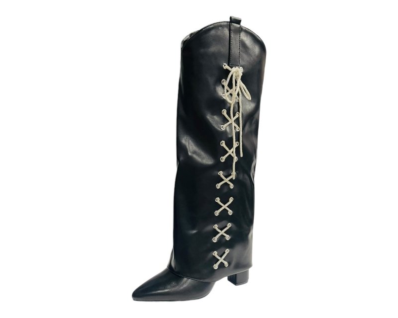 Rhinestone Faux Leather Fold Over Block Heel Boots - Boots - British D'sire