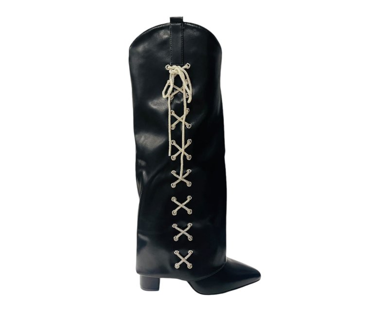 Rhinestone Faux Leather Fold Over Block Heel Boots - Boots - British D'sire