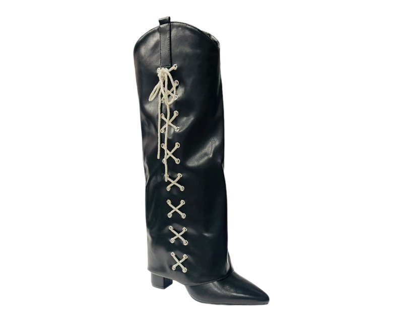 Rhinestone Faux Leather Fold Over Block Heel Boots - Boots - British D'sire