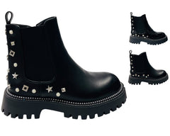 Rhinestone Studded Elastic Zip Ankle Boots - Boots - British D'sire