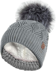 RockJock Ladies Warm Chunky Diamond Cable Knit Hat with Thermal Teddy Fleece Lining and Detachable Faux Fur Pompom - Hats & Caps - British D'sire