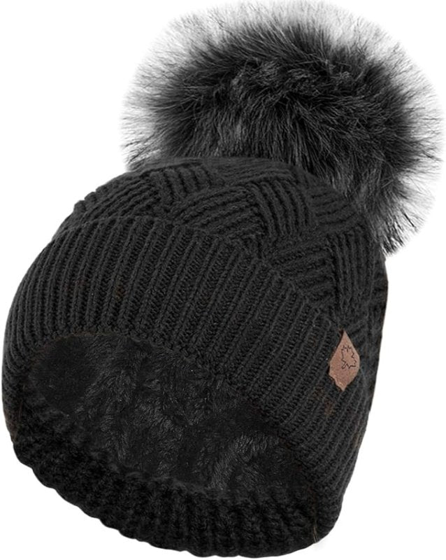 RockJock Ladies Warm Chunky Diamond Cable Knit Hat with Thermal Teddy Fleece Lining and Detachable Faux Fur Pompom - Hats & Caps - British D'sire