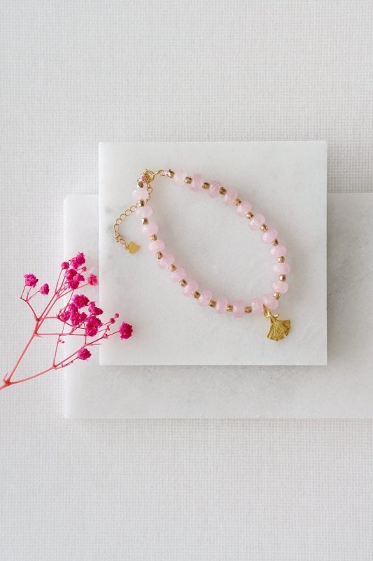 Rose Quartz Stone Bracelet with Gold Tone Detail - Bracelets - British D'sire