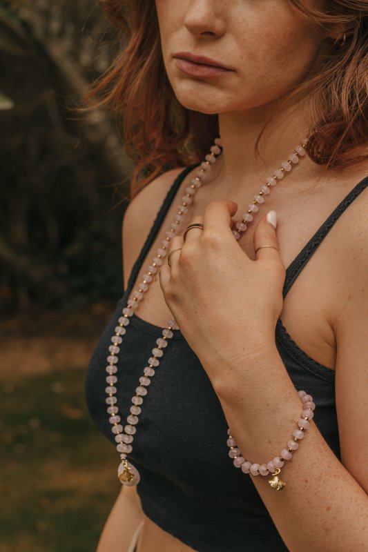 Rose Quartz Stone Bracelet with Gold Tone Detail - Bracelets - British D'sire