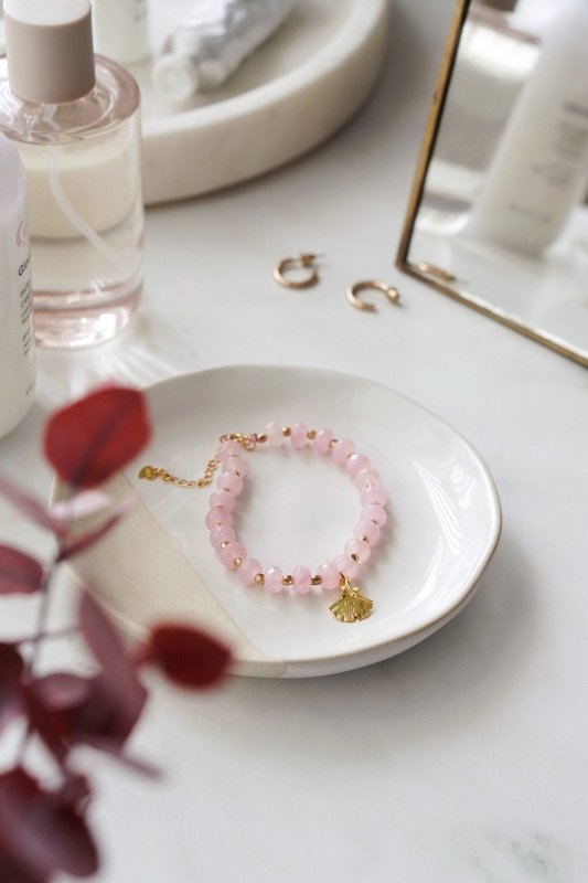 Rose Quartz Stone Bracelet with Gold Tone Detail - Bracelets - British D'sire