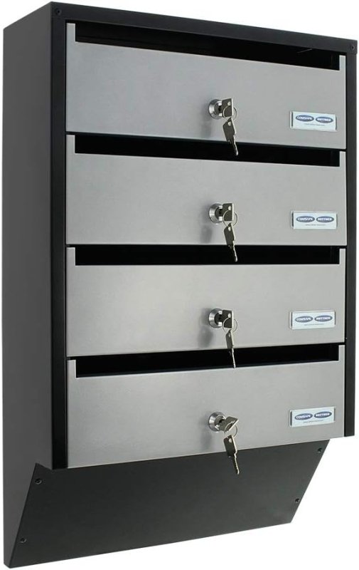 Rottner Depot 4 Letterbox System Silver Black Steel Plate Name Tag Holder Cylinder Lock 2 Keys Each for 4 Units Mounting Materials - Wall - Mount Mailboxes - British D'sire