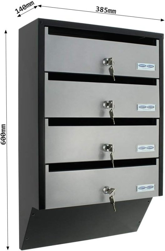 Rottner Depot 4 Letterbox System Silver Black Steel Plate Name Tag Holder Cylinder Lock 2 Keys Each for 4 Units Mounting Materials - Wall - Mount Mailboxes - British D'sire