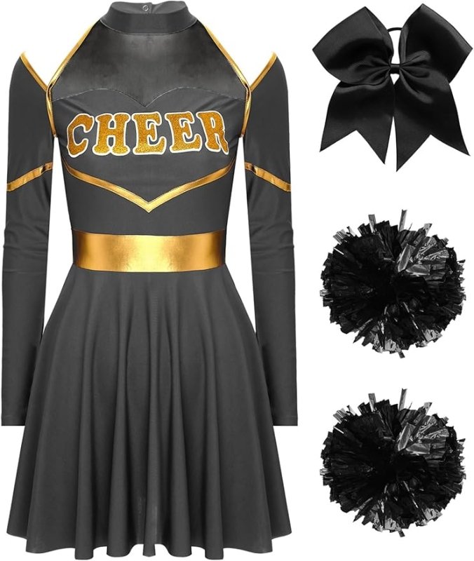 RUNQHUI Womens Cheer Leader Costume Long Sleeve Cutout Uniform Dress with Cheerleading Pom Poms and Headwear - Uniform Sets - British D'sire