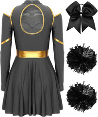 RUNQHUI Womens Cheer Leader Costume Long Sleeve Cutout Uniform Dress with Cheerleading Pom Poms and Headwear - Uniform Sets - British D'sire