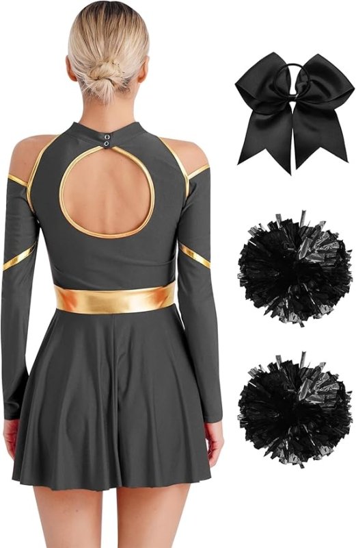 RUNQHUI Womens Cheer Leader Costume Long Sleeve Cutout Uniform Dress with Cheerleading Pom Poms and Headwear - Uniform Sets - British D'sire