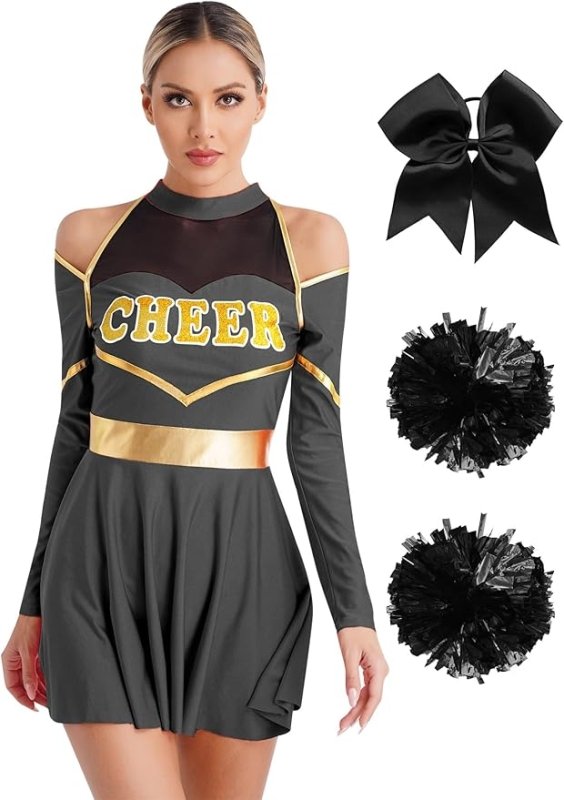 RUNQHUI Womens Cheer Leader Costume Long Sleeve Cutout Uniform Dress with Cheerleading Pom Poms and Headwear - Uniform Sets - British D'sire