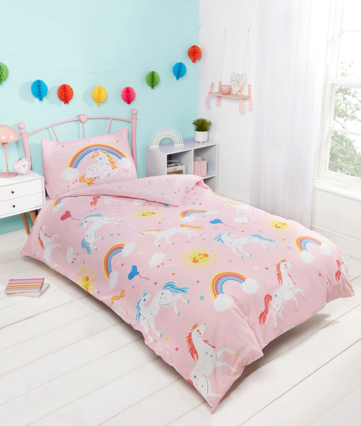 Unicorn Rainbow Sun Glow in the Night Kids Children Bedding Single Double Toddler Duvet Quilt Cover Set Boys Girls