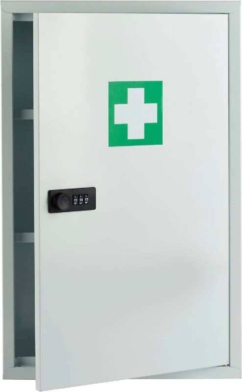 Safes UK Medicab Medical Cabinet Wall - Mounted First Aid Metal Box with Mechanical Combination Lock Hospital Clinic Medicine Storage Safe White with Green Cross Sticker - Medical Cabinet - British D'sire