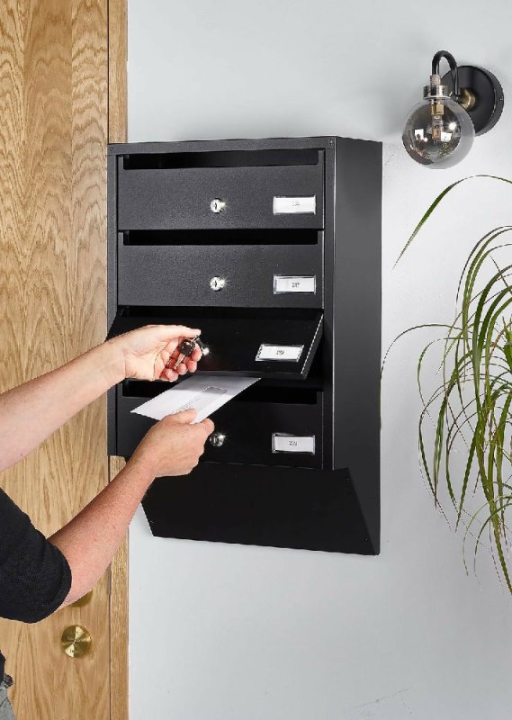 Safes UK Multi-Occupancy Mailbox - Apartment Letter Box with Name Plate and Lockable Storage Compartment - Secure Wall-Mounted Postbox for Flats, Schools, and More - Black (Apartment Post Box 4) - Apartment Mailbox - British D'sire