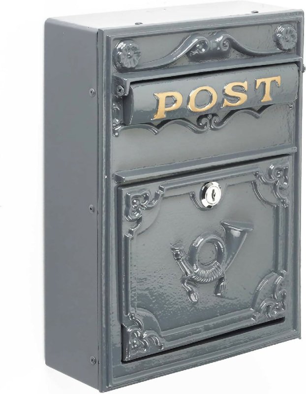 Safes UK Old England Compact Stylish Mail Post Box Wall Mounted Lockable Waterproof Weather Rust Resistant Steel Construction Outdoor Secure Letter Storage Lockable Box (Grey) - Post Box - British D'sire