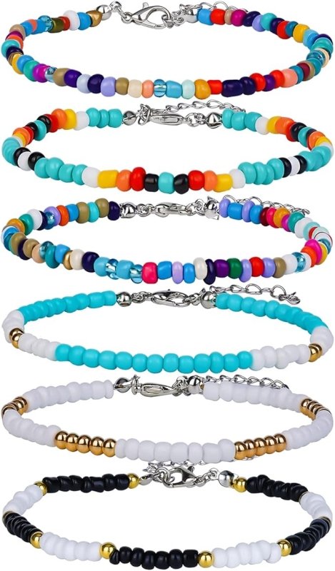 SAVITA 6 Pieces Handmade Beaded Anklets for Women Colorful Bohemian Glass Beads Ankle Wrap Bracelets String Adjustable Elastic Thread Gifts for Women Girls Beach Vacation (8" to 10") - Women's Anklets - British D'sire