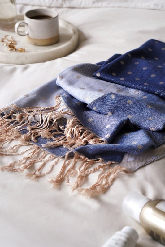 Sea Breeze Navy Blue Mix Polka Dot Ombre Tassel Pashmina - Scarves & Snoods - British D'sire