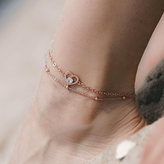 SERASAR |Heart Sign Anklet for Ladies | 925 Sterling Silver with 18ct Genuine Gold Plating | Adjustable Length | Jewellery Box Included - Body Jewellery - British D'sire