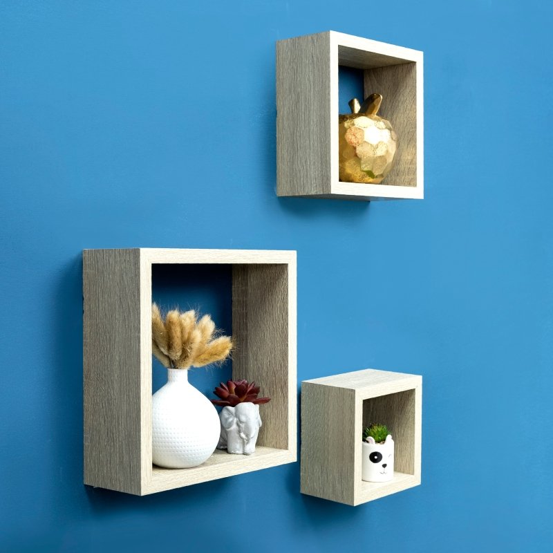 Set of 3 Cube Oak Floating Wall Shelf - CHELF - Shelves - British D'sire