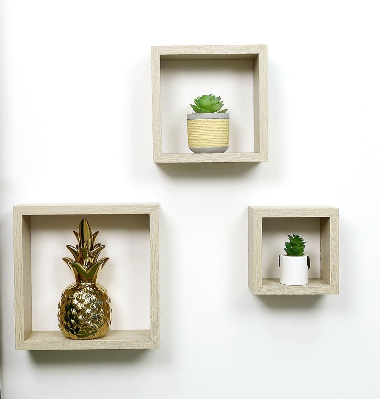 Set of 3 Cube Oak Floating Wall Shelf - CHELF - Shelves - British D'sire