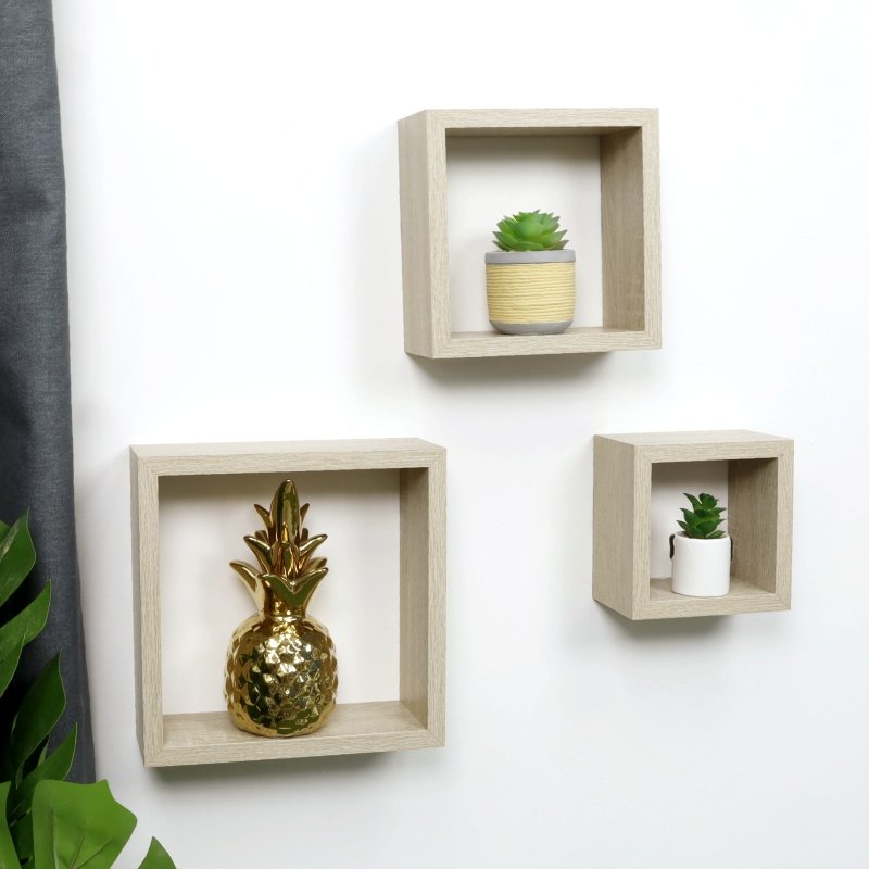 Set of 3 Cube Oak Floating Wall Shelf - CHELF - Shelves - British D'sire