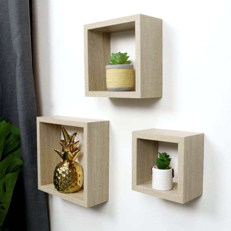 Set of 3 Cube Oak Floating Wall Shelf - CHELF - Shelves - British D'sire