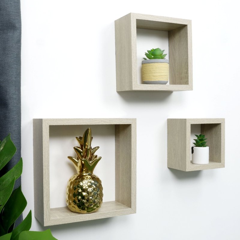 Set of 3 Cube Oak Floating Wall Shelf - CHELF - Shelves - British D'sire