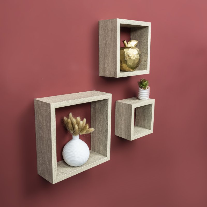 Set of 3 Cube Oak Floating Wall Shelf - CHELF - Shelves - British D'sire