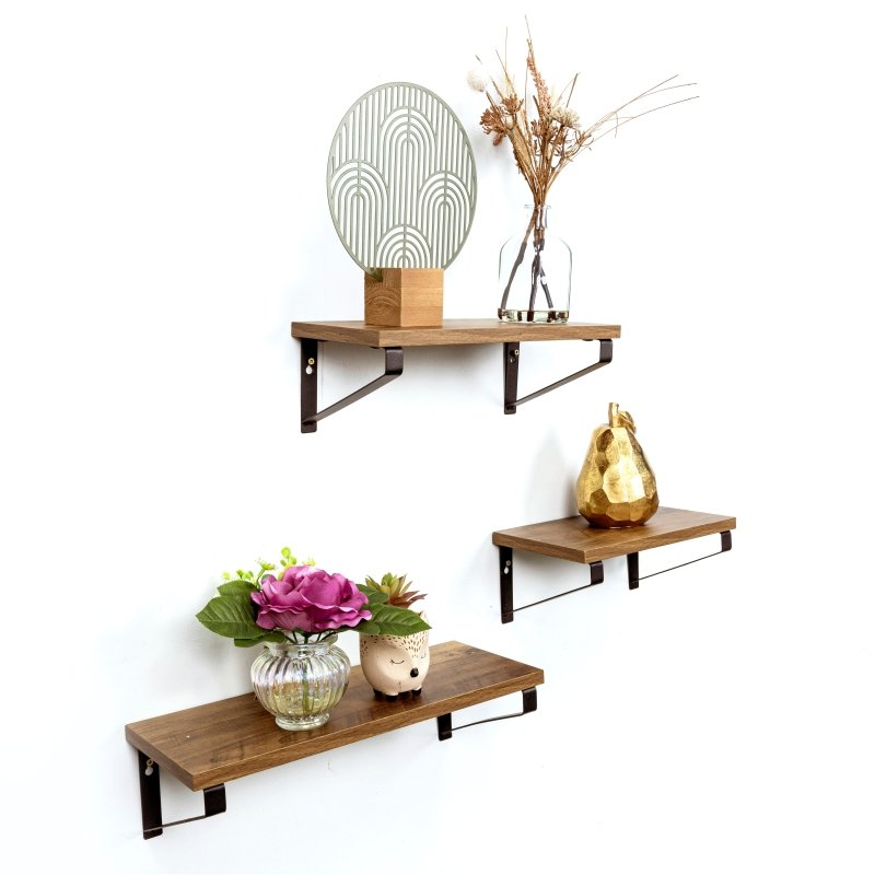 Set of 3 Dark OAK Floating Wall Shelves - PARGI - Shelves - British D'sire