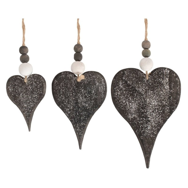 Set of 3 Hanging Glitter Heart Wicker Decorations - Christmas Decor - British D'sire