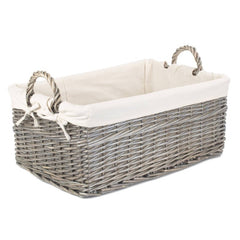 Shallow Cotton Lined Antique Wash Storage Wicker Basket - Storage Baskets - British D'sire