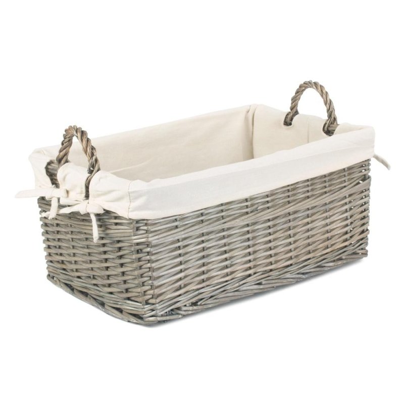 Shallow Cotton Lined Antique Wash Storage Wicker Basket - Storage Baskets - British D'sire