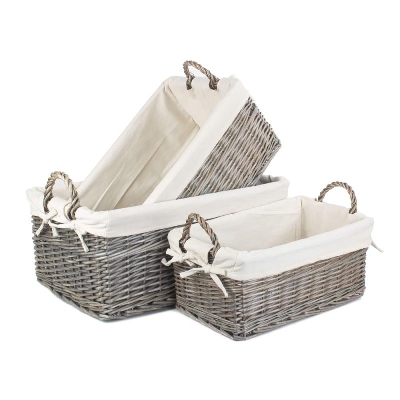 Shallow Cotton Lined Antique Wash Storage Wicker Basket - Storage Baskets - British D'sire