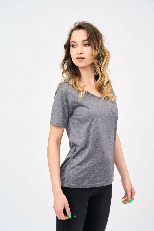 Short-Sleeved V Neck Women's T Shirt in Charcoal - Shirts & Tops - British D'sire