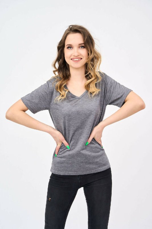 Short-Sleeved V Neck Women's T Shirt in Charcoal - Shirts & Tops - British D'sire