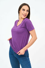 Short-Sleeved V Neck Women's T Shirt in Purple - Shirts & Tops - British D'sire