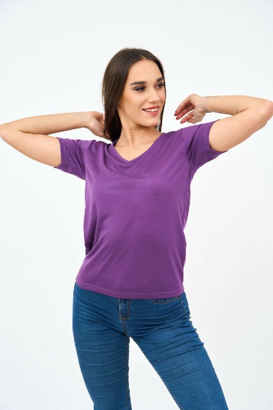 Short-Sleeved V Neck Women's T Shirt in Purple - Shirts & Tops - British D'sire