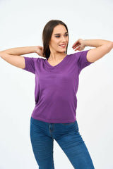 Short-Sleeved V Neck Women's T Shirt in Purple - Shirts & Tops - British D'sire