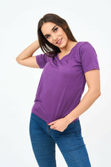 Short-Sleeved V Neck Women's T Shirt in Purple - Shirts & Tops - British D'sire