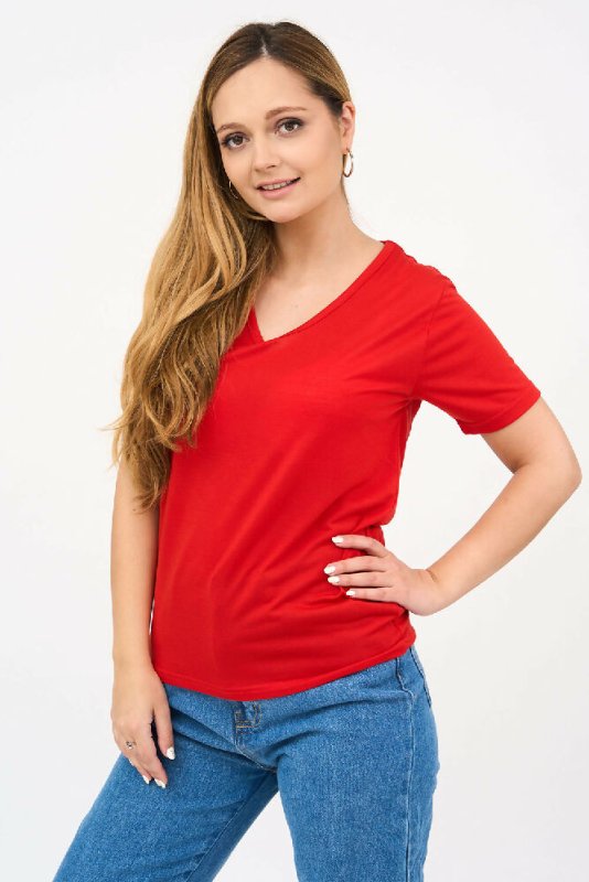 Short-Sleeved V Neck Women's T Shirt in Red! - Shirts & Tops - British D'sire