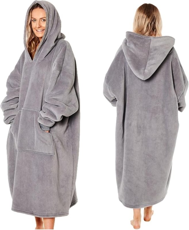 Sienna Extra Long Oversized Blanket Hoodie Wearable Throw with Pockets Sleeves Soft Sherpa Fleece Wearable Throw Giant Sweatshirt, Charcoal Grey - Unisex Hoodies - British D'sire