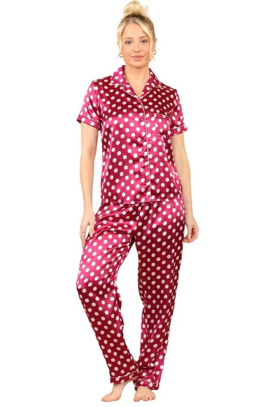 Silky Polka Dot Satin PJs - Stylish Short - Sleeve Lounge Set - Loungewear pjs - British D'sire