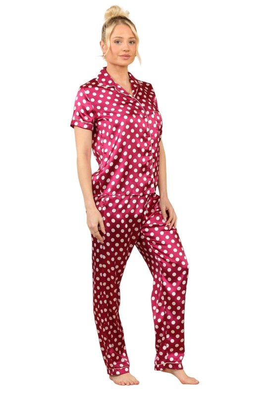 Silky Polka Dot Satin PJs - Stylish Short - Sleeve Lounge Set - Loungewear pjs - British D'sire