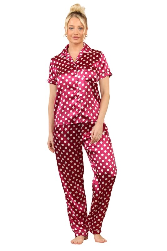 Silky Polka Dot Satin PJs - Stylish Short - Sleeve Lounge Set - Loungewear pjs - British D'sire