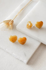 Silver Maxi Heart Stud Earrings with Yellow Jade - Earrings - British D'sire