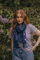 Silver Metallic Bee Print Scarf in Navy Blue - Scarves & Snoods - British D'sire