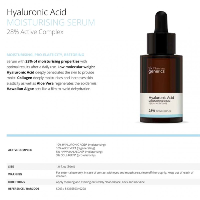 Skin Generics Hyaluronic Acid MOISTURISING SERUM 28% Active Complex, 30ml - Moisturiser - British D'sire